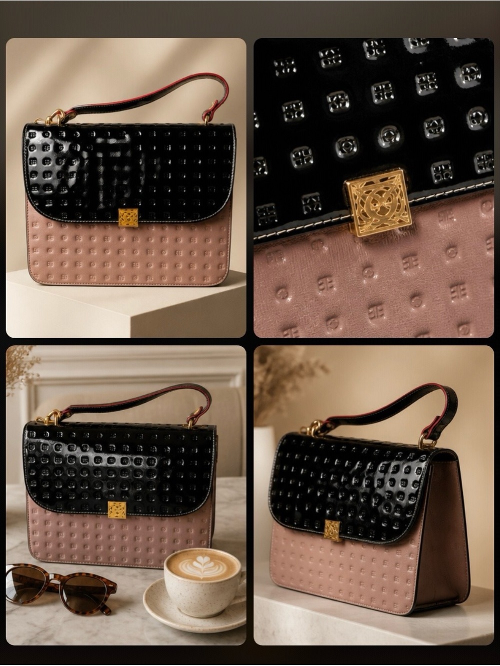 Arcadia Black and Taupe Two-Tone Patent Shoulder Bag with Gold Clasp - Picture 1 of 7